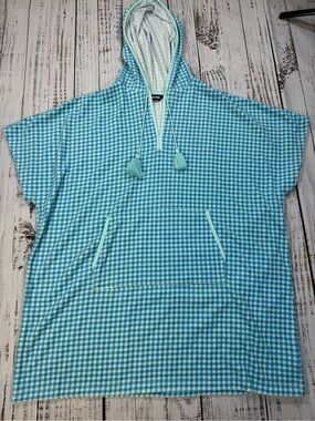 Lands' End Light Blue and White Gingham Hooded Poncho